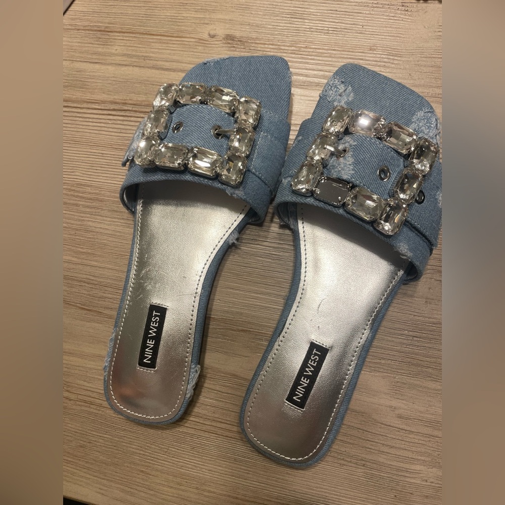 Nine West Denim Blue Sandals with Crystal Buckle